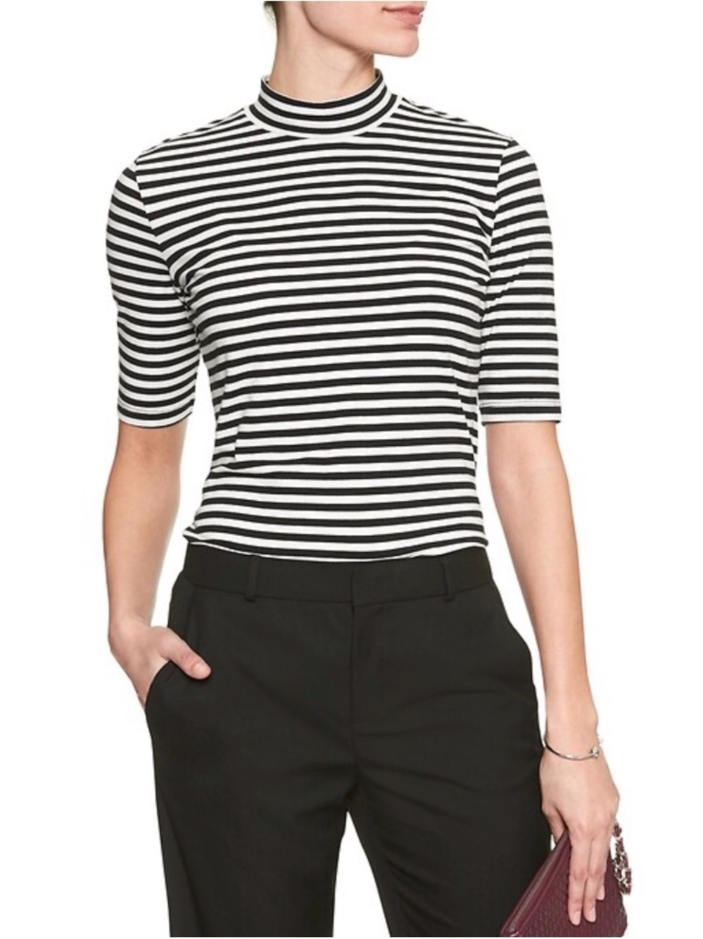 Banana Republic Striped Mock Neck Short Sleeve Top - Black/White
